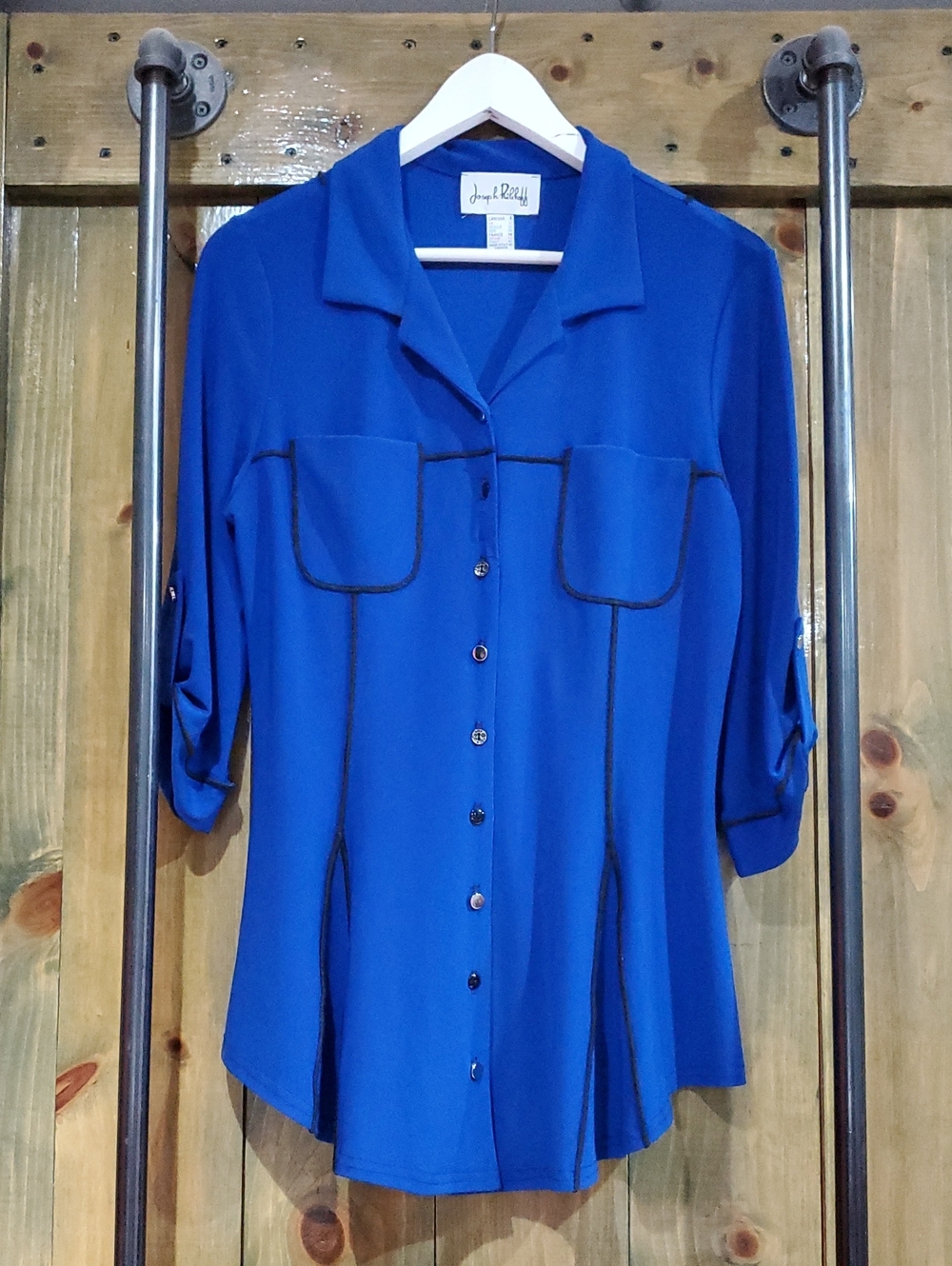 Joseph Ribkoff Cobalt Blue Button-Down Blouse with Black Contrast Piping Career
